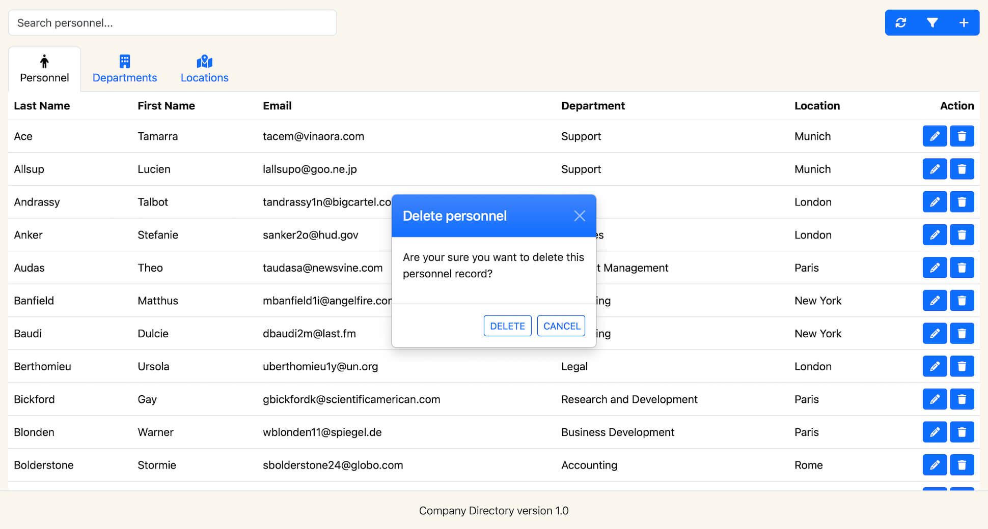 Company Directory Delete Modal