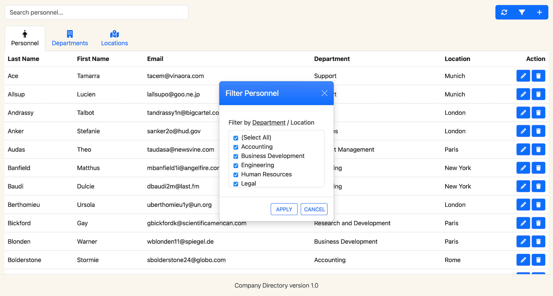 Company Directory Filter Modal