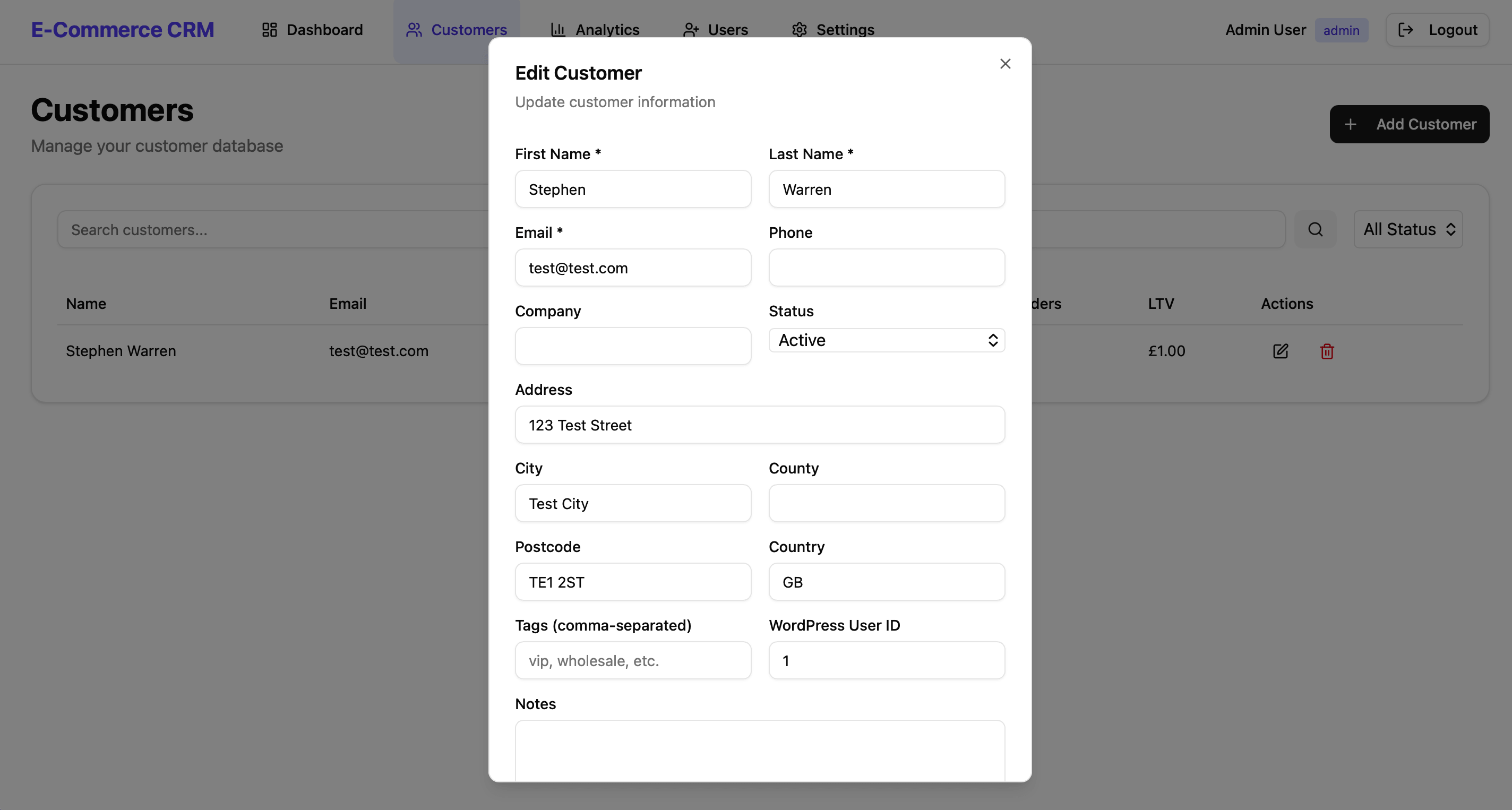 CRM Edit Customers Modal